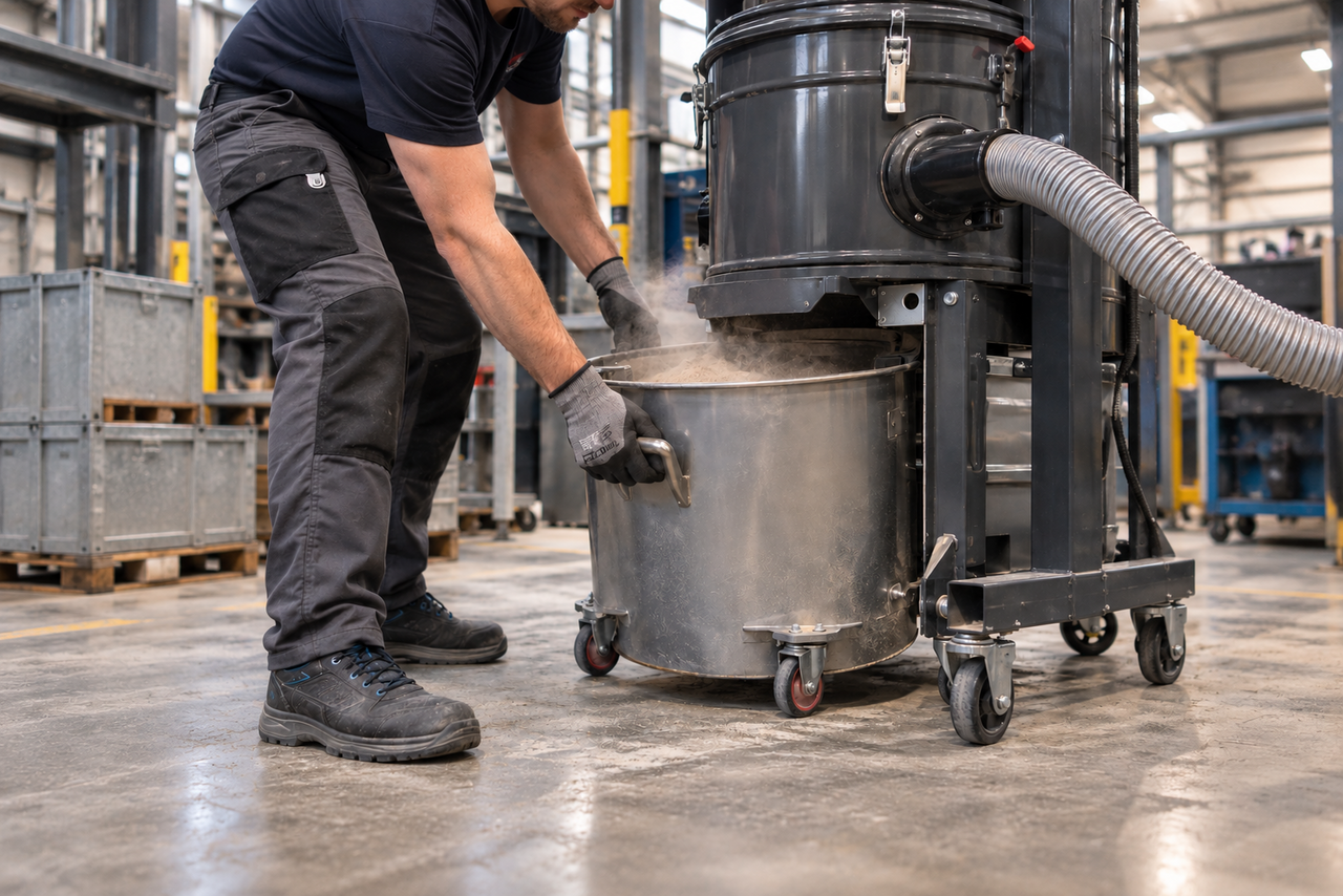 Industriearbeiter entleert Staubsammelbehälter bei Industriesauger