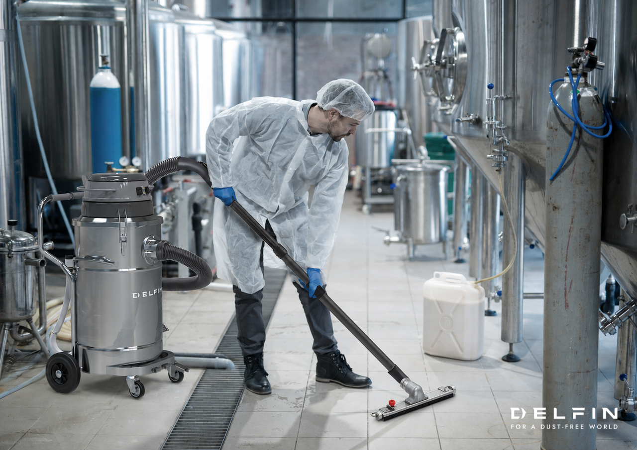 Mann mit Industriesauger von Delfin saugt in der Pharma- oder Lebensmittelindustrie