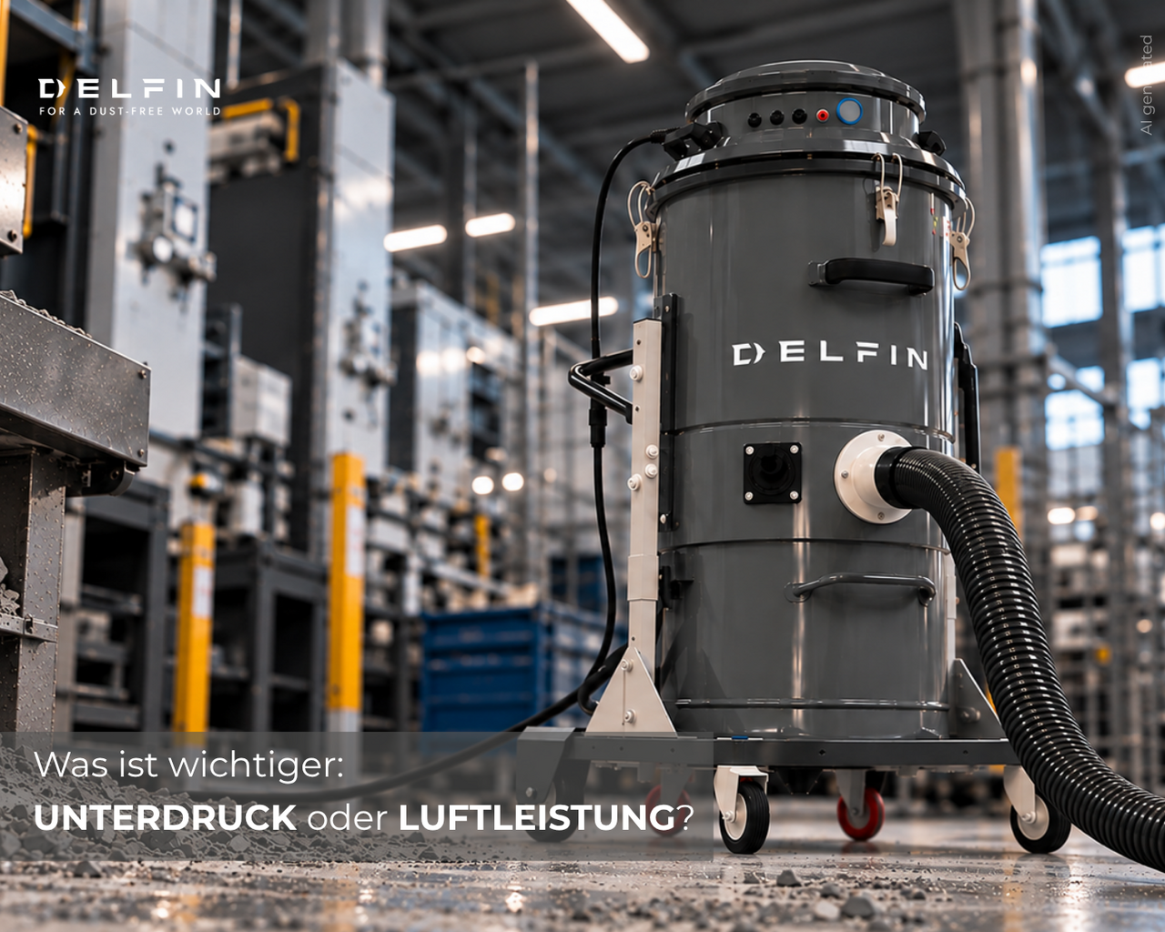 Industriesauger mit Frage, was wichtiger ist: Unterdruck oder Luftleistung