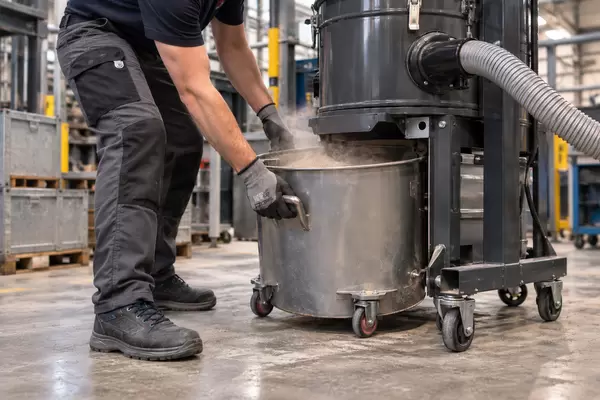 Industriearbeiter entleert Staubsammelbehälter bei Industriesauger